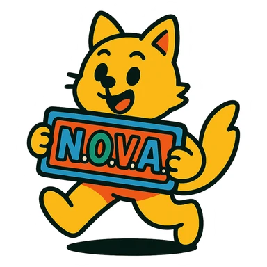 cute little yellow-skinned animal holding the text 'N.O.V.A.' in a playful pose, vibrant style sticker