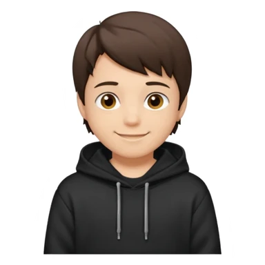 A brunette boy, short straight hair, light brown eyes, with a black sweatshirt with a hoodie, and smile  sticker