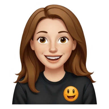 A 38 year old white woman with long brunette hair parted in the middle. She has her nose pierced. Her nose is medium sized. She has brown eyes. She has freckles and is wearing a black sweatshirt and is laughing  sticker