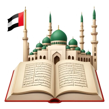 An icon featuring the mosque and the flag of United Arab Emirates, symbolizing the Arabic language. The design includes an open book with Arabic script and calligraphy, representing language learning and cultural heritage. Transparent background sticker