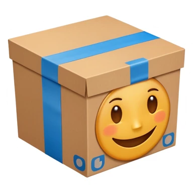brown cardboard box with two wide blue tape strips in H shape on the lid, tape strips only on top and not over the sides, emoji style, slightly from above angle sticker