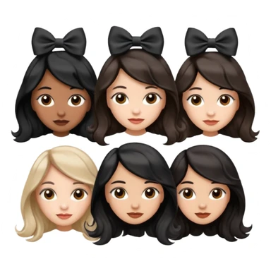 three girls with brown eyes, white and brown skin tones, first girl with completely black straight hair and a bow on her head, middle girl with black wavy hair and a bow, last girl with black voluminous loose waves and a bow, emoji style sticker