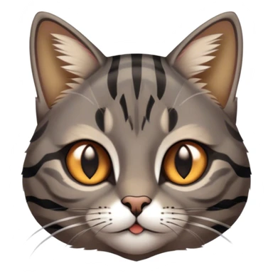 Cinematic Cute Grey and Black Brown Tabby Cat Portrait Emoji, Head tilted playfully and inquisitively, sleek grey-brown fur with bold black tabby stripes and a distinctive M-shaped marking on the forehead, sparkling amber eyes, Simplified yet irresistibly adorable features, highly detailed, glowing with a warm, friendly glow, high shine, affectionate and curious, stylized with a touch of whimsy, bright and endearing, soft glowing outline, capturing the essence of a mischievous yet loving kitten, so playful it feels like it could pounce out of the screen and into your arms! sticker