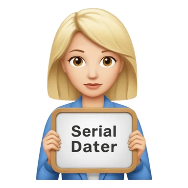 blonde middle aged woman with sign that says “Serial Dater” sticker