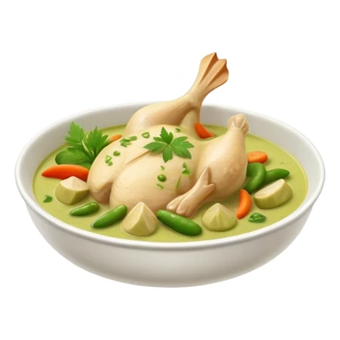 Cinematic Realistic Green Chicken Curry Dish Emoji, depicted with tender chicken simmered in a fragrant green curry sauce with vegetables rendered with rich textures and dynamic, vibrant lighting. sticker