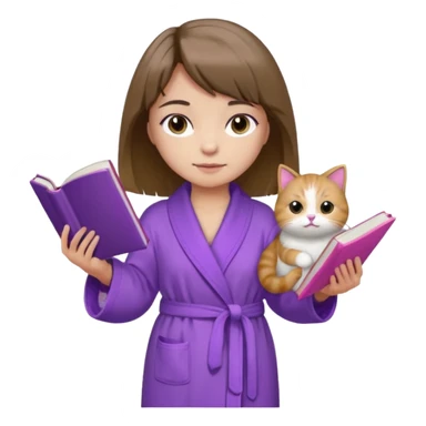 Девушка с короткими волосами до плеч русого цвета, посередине головы есть чёлка, с черными бровями, карие глаза, у неё фиолетовый халат, стоит в полный рост, в руках она держит розовую книгу, а возле ноги сидит кот  sticker