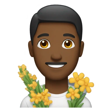 man with brown eyes holding flowers and a bag sticker