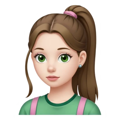create an emoji of a young woman. She has a nice look, with long brown hair in a single ponytail with a hair tie, dark green eyes, pale skin, natural soft pink lips. she wears a green y2k top sticker
