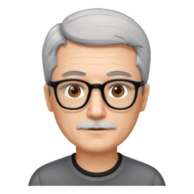 man 60 short grey hair, brown eyes small black rectangle glasses, no beard and no mustache sticker