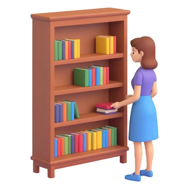 a sad woman looking at a small bookcase sticker