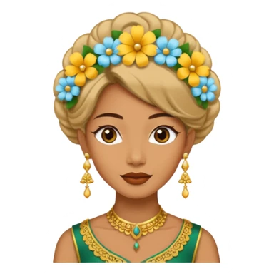 women with tan skin, wearing traditional Javanese hair with bouncy flowers, and wearing paes sticker