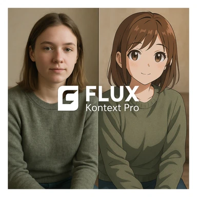 create before after image of a girl before is realsitic photo, after is anime version of her in same pose and clothes, add logo with text of a "FLUX Kontext Pro" sticker