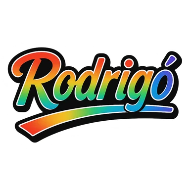 The name 'Rodrigó' in a modern font with smooth gradient coloring, precise Hungarian characters, dark outline, extra thick and prominent white letter border, dynamic slanted underline, rainbow gradient color scheme, 1000x1000 px, PNG, transparent background. sticker