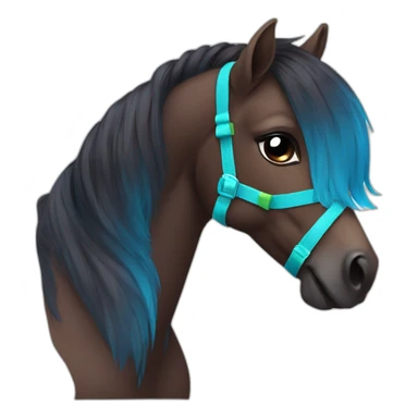 Petite dark-brown pony with vibrant multicolored bows, blue halter, calm sticker