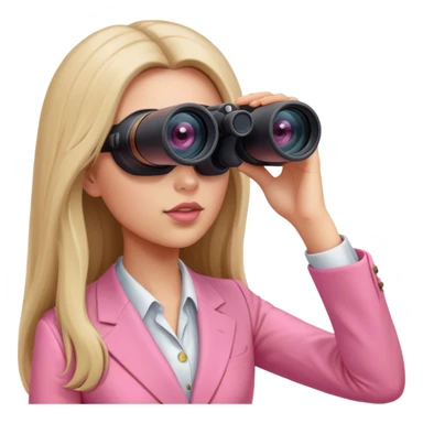futuristic-looking woman with long hair in an intensive color pink suit looking through two-eyed binocular, viewed from an angled perspective sticker