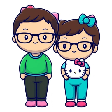 my (brunette, with glasses and makeup, with brown-green eyes ) and my boyfriend (brunette, with glasses, with blue-green eyes) in hello kitty pants sticker