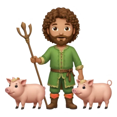 happy young shepard with long curly brown beard and long curly brown hair, in green magical outfit, with wooden shepard stick in hands, taking care of pigs sticker