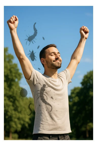 a man stands outdoors in bright sunlight, arms raised in relief and joy, while faint, shadowy silhouettes of parasites fall away from his body and dissolve into the air. His posture is upright and energetic, his expression serene and healthy. The background features green trees and a clear sky, emphasizing liberation and restored well-being. sticker