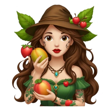 forest mage woman long wavy brown hair tattoos holding fruit near lips sticker