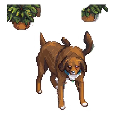A dog hiding in the bushes with a gun, brown fur, stealthy pose. sticker