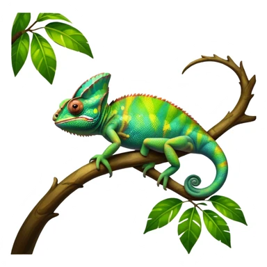 Giant Chameleon blending into natural surroundings, perched on a branch. Its vibrant colors shift with the environment. Lush greenery, branches, and soft sunlight create a peaceful, nature-filled background. Transparent background, showcasing the chameleon's colorful, textured skin. sticker