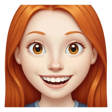 traditional emoji of young girl with very pale skin, long straight bright ginger red hair, regular human eyes (not cat-like), wide nose, big smile with extremely large prominent teeth showing, classic round face sticker