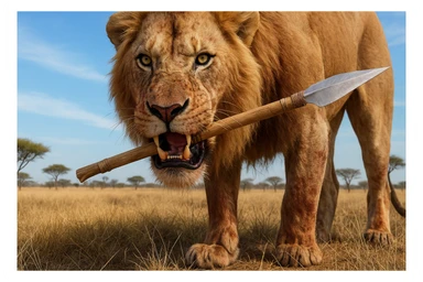 Recreate a realistic, dramatic image of a fierce lion holding a spear in its mouth, standing in a savannah landscape. The style and composition should match the reference image's realistic and dramatic tone. sticker
