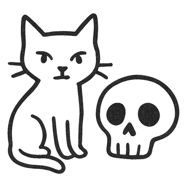 sketched black cat beside a skull, simple hand-drawn line art sticker