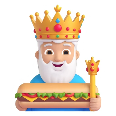 emoji-style half-body character with a crown, smiling and enjoying a big döner kebab, simple colorful fun classic emoji style sticker