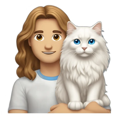 man with brown long hair and blue eyes holding a white Siberian cat sticker