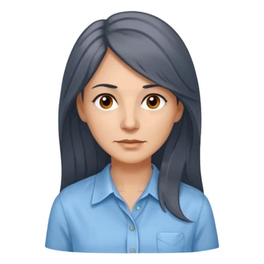 vit 50-årig kvinna med grå slingor i jättelångt mörkbrunt hår bruna ögon ljusblå skjorta med översta knappen uppknäppt sticker