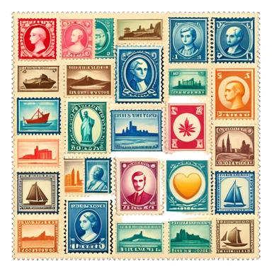 Icon for Stamp Collecting: a collection of vintage and colorful stamps arranged in an album or on a desk, with a large stamp block in the center showcasing different themes. The icon should reflect the charm and history of philately. Transparent background. sticker