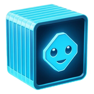 Pixel art emoji icon of a futuristic holographic book (help), neon blue sci-fi voxel style, cute tech aesthetic, centered, simple, high contrast, 3D shading, soft glow, transparent background, 100x100 px, game UI icon sticker