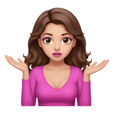 girl with long wavy brown hair, brown eyes, long lashes makeup, sexy pink lips, light to medium complexion, pink sexy top, shrugging with both hands, confused sticker