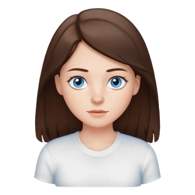 Create an emoji of a white Girl with brunette hair blue eyes faint freckles and hair to her chest wearing a white shirt sticker