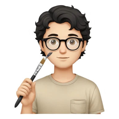 Young caucasian man with black wavy hair, round glasses, beige painting shirt, holding a square paintbrush sticker