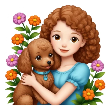 A beautiful girl happily hugs a brown toy  poodle in the flowers sticker