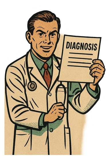 A doctor standing up holding a sheet of paper with the word diagnosis on it sticker