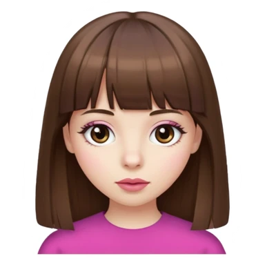 brown straight hair, bangs, big brown eyes, small nose, pale white skin, pink lips sticker