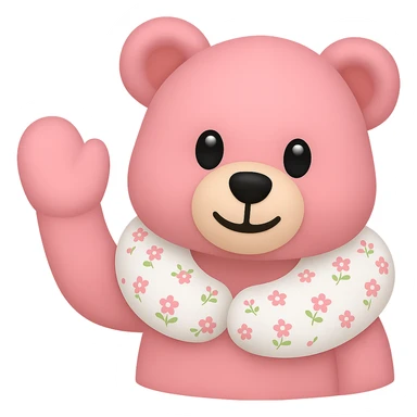 Create an iPhone emoji style pink teddy bear with a floral neck pillow. The bear is waving, simple and cute, with a transparent background. Maintain the iPhone emoji style look. sticker