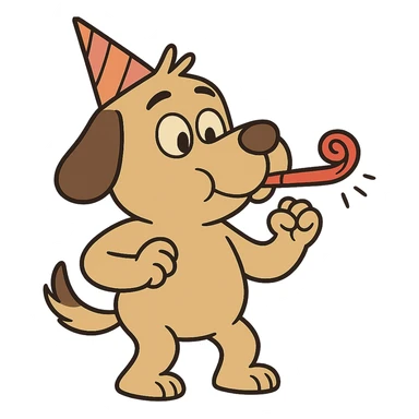 a dog with a party hat blowing a noisemaker, cartoon style sticker