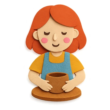 paper craft style girl with shoulder-length red hair making a bowl with clay sticker
