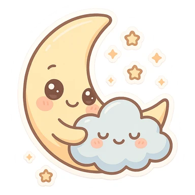 smiling crescent moon, pastel palette, big eyes, blushing cheeks, chibi style, surrounded by tiny stars, holding a cloud pillow sticker