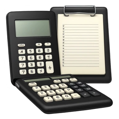 Minimalistic flat vector icon, iOS style, thin black contour on white background. Small black notebook with visible binding, placed next to a calculator. Clean, modern, no text, no shadows. sticker