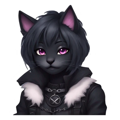 Gorgeous furry gothic dark techwear anime style anthro black cat furry sona with blushing face aesthetic and pretty edgy black with collar and harness trending style sticker