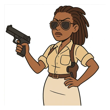 black female detective with dreadlocks, wearing aviator sunglasses, white skirt, shoulder holster, cartoon style sticker