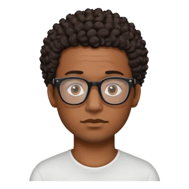 black man with short dark brown curly hair, black glasses, small tattoo on neck sticker