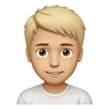 Male with short, messy blonde hair, large expressive golden-brown eyes, light brown skin, subtle facial bruises and scratches, crooked smile showing slightly damaged teeth, wearing a plain white t-shirt, friendly but creepy expression. sticker