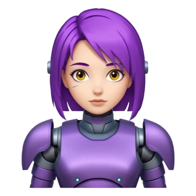A woman with purple hair and a robot armor sticker