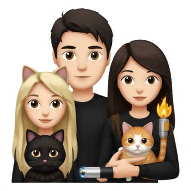 The man is wearing a black shirt and the women is wearing a black top and has longer hair. The cats fur  is lighter  sticker